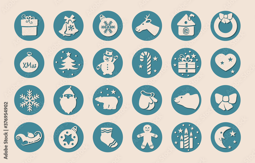 Christmas flat icons for web design and mobile app. Beige pictures on blue circles. Sweet christmas candy cane, gingerbread house, man and other