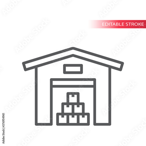 Warehouse with stacked boxes line vector icon. Storage building simple symbol, outline, editable stroke.