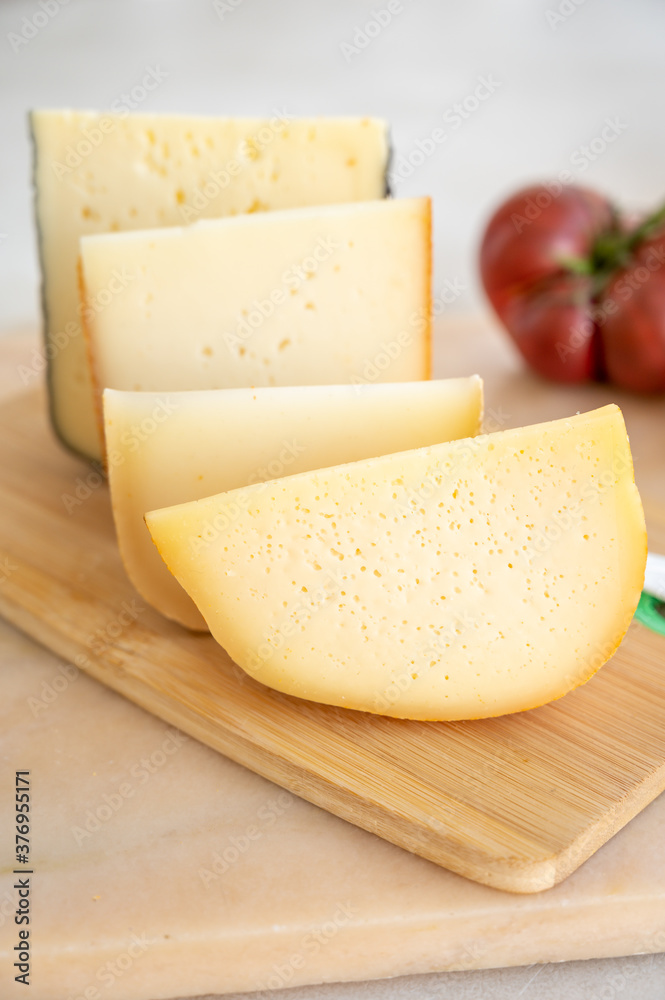 Cheese collection, French fol epi cheese with many little holes, etorki, tomme noire des pyrenees and ossau iraty cheese Cheese collection, French fol epi cheese with many little holes, etorki, tomme noire des pyrenees and ossau iraty cheese