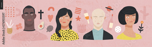 Beautiful people portrait -hand drawn flat style vector design concept illustration of a young people, men and women, face and shoulders avatar, surrounded by abstract elements. Flat style vector icon