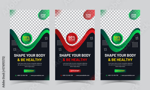 Gym and fitness social media post and Instagram stories template