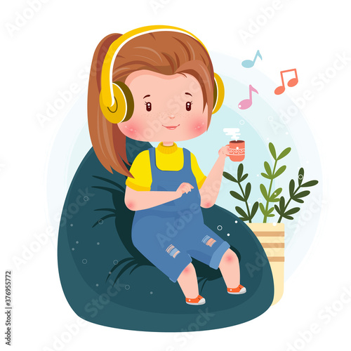 Listening Music Relaxing Cute Character Concept  Vector Illustration Stay at home
