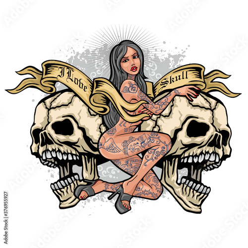 Gothic sign with skull and sexy tattooed girls, grunge vintage design t shirts
