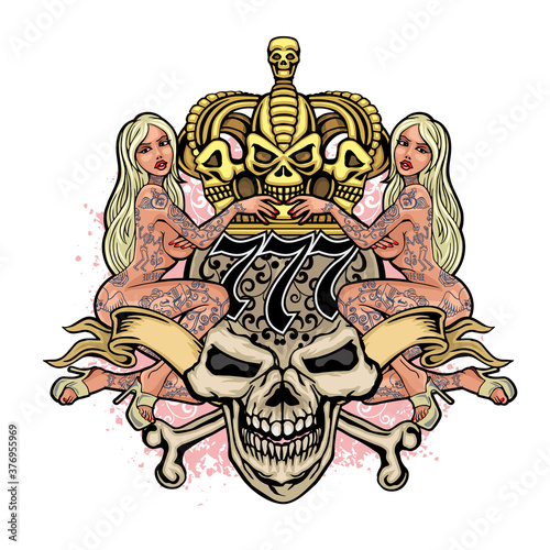 Gothic sign with skull and sexy tattooed girls, grunge vintage design t shirts
