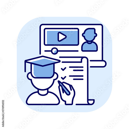 Online training blue RGB color icon. E learning during quarantine. Internet education. Video lesson for remote course. Distant studying. Webinar for student. Isolated vector illustration