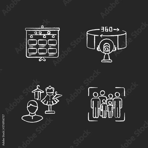 Film making jobs chalk white icons set on black background. Flow of frames on board. VR technology to shot 360 degree panorama. Costumer designer. Isolated vector chalkboard illustrations