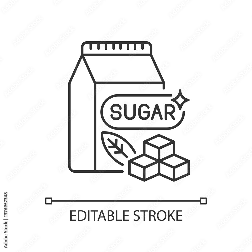 Sugars linear icon. Crystal cubes. Refined powder in packaging. Supermarket  product. Thin line customizable illustration. Contour symbol. Vector  isolated outline drawing. Editable stroke Stock Vector
