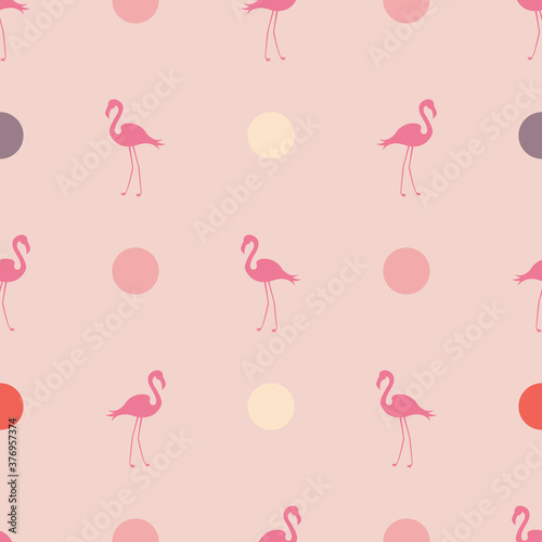 Seamless pattern in pink pastel colors with flamingos and polka dots. Vector illustration for festive design, packaging, wallpaper, fabric, textile, stationery, accessories.