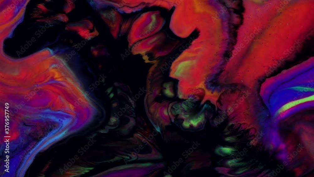 Fluid art drawing video, trendy acrylic texture with colorful waves. Liquid paint mixing backdrop with splash and swirl. Detailed background motion with red, blue and black overflowing colors