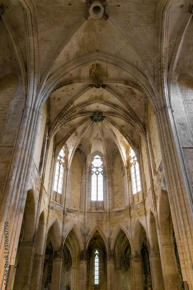Vue sur les croisés d'ogives au dessus du coeur de l'abbaye de Valmagne (Occitanie, France)