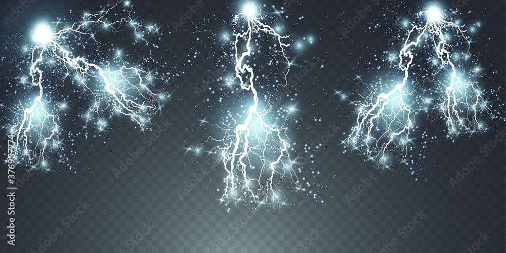 Lightning flash light thunder sparks on a transparent background.Fire and ice fractal lightning, plasma power backgroundvector illustration. Lightning PNG.	 - obrazy, fototapety, plakaty 