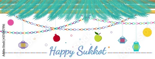 Traditional Sukkah for the Jewish Holiday Sukkot Vector illustration background. Happy sukkot banner. Tropical palm tree leafs frame, colorful bunting, garlands, paper lanterns decoration. photo