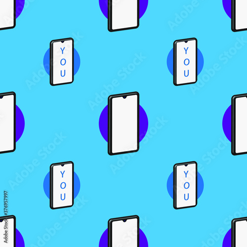 Seamless pattern of identical smartphones on a blue background