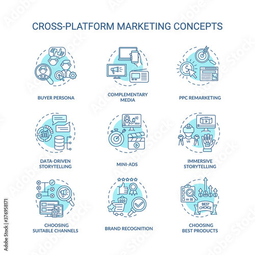 Cross-platform marketing concept icons set. Brand awareness. Advertising idea thin line RGB color illustrations. Storytelling in online content. Vector isolated outline drawings. Editable stroke