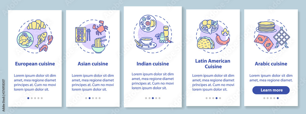 National cuisine onboarding mobile app page screen with concepts. Tasty food. Restaurant menu walkthrough 5 steps graphic instructions. UI vector template with RGB color illustrations
