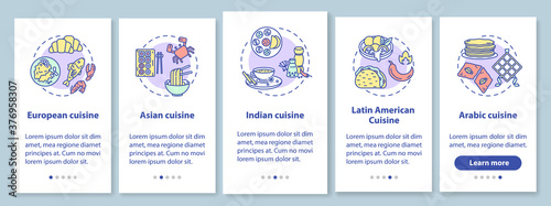 National cuisine onboarding mobile app page screen with concepts. Tasty food. Restaurant menu walkthrough 5 steps graphic instructions. UI vector template with RGB color illustrations © bsd studio