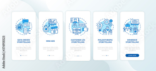 Storytelling marketing onboarding mobile app page screen with concepts. Data-driven, immersive approaches walkthrough 5 steps graphic instructions. UI vector template with RGB color illustrations