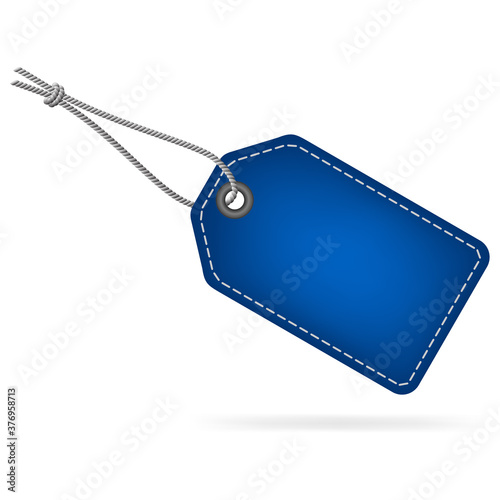 Blank blue sale tag label with string, 3d vector illustration
