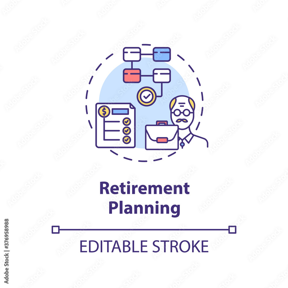 Retirement planning concept icon. Wealthy lifestyle. Money increasing tips. Finance literacy idea thin line illustration. Vector isolated outline RGB color drawing. Editable stroke