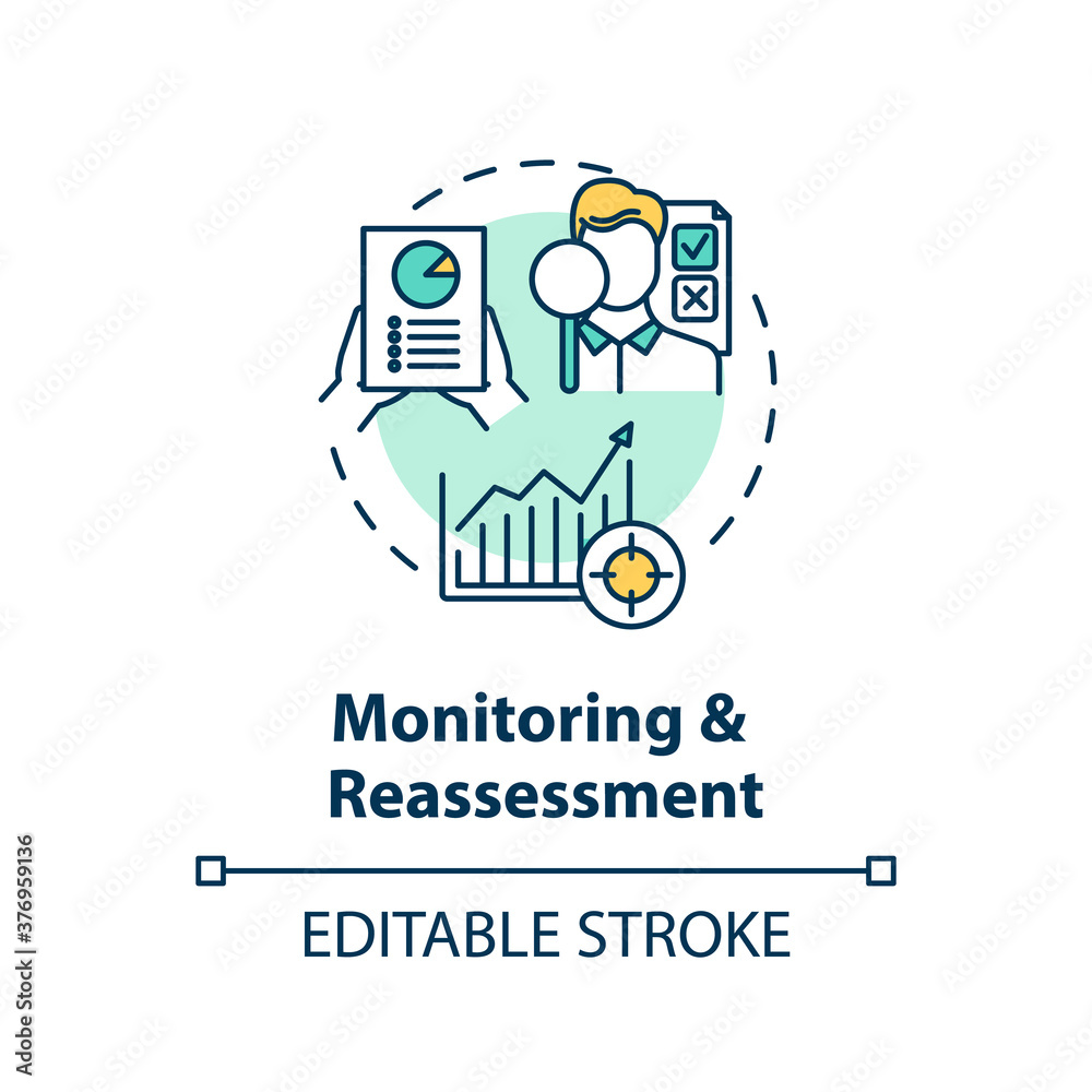 Monitoring and reassessment concept icon. Financial planning. Economic literacy. Investments idea thin line illustration. Vector isolated outline RGB color drawing. Editable stroke