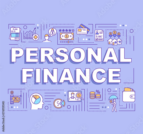 Personal finance word concepts banner. Saving money. Infographics with linear icons on violet background. Isolated typography. Vector outline RGB color illustration