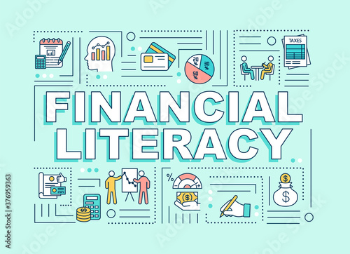 Financial literacy word concepts banner. Banking analytics. Infographics with linear icons on mint green background. Isolated typography. Vector outline RGB color illustration