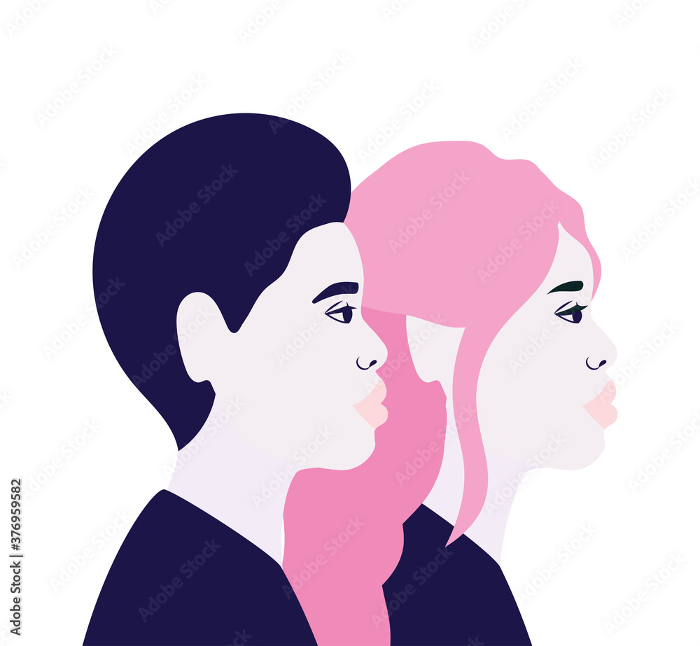 woman and man cartoon in side view in blue and pink colors vector design