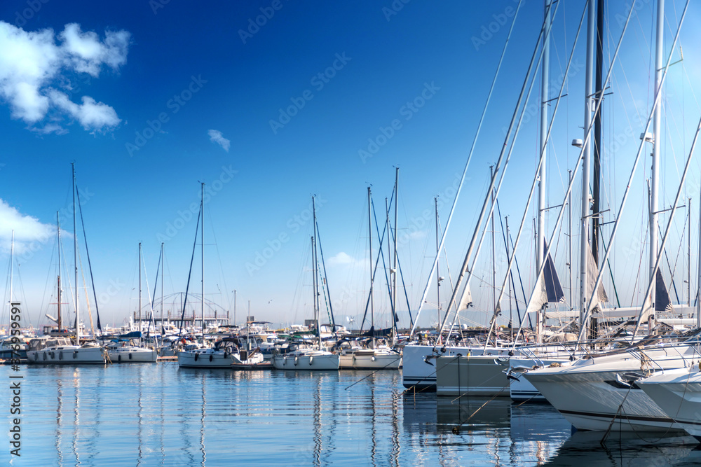 Yacht club and marine deck long view. Boat, yacht,ship & marina.