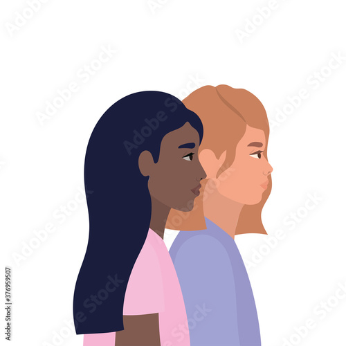 black and brown hair women cartoons in side view vector design