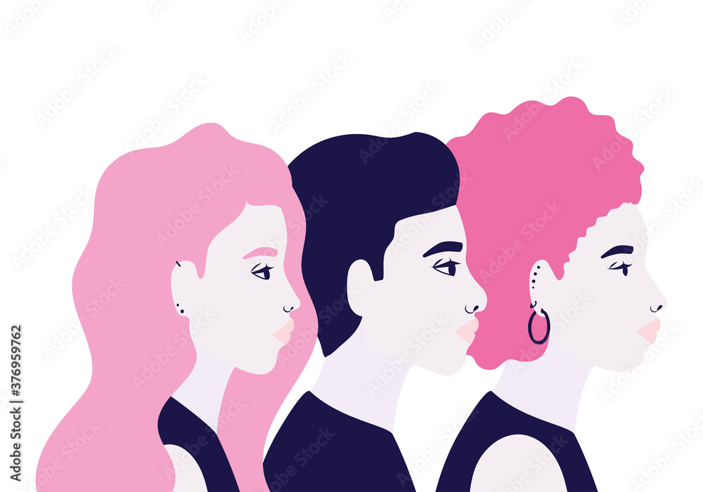 women and man cartoons in side view in blue and pink colors vector design women and man cartoons in side view in blue and pink colors vector design