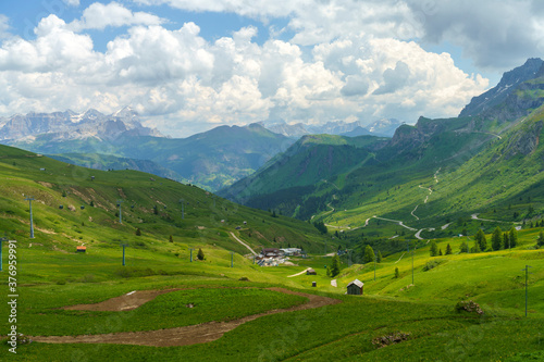 Mountain landscape along the road to Pordoi pass, Dolomites