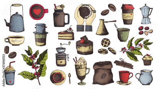 Vector illustration set of coffee ingredients and items in outline style, in color. Coffee, grains and mugs, coffee grinder and desserts icons