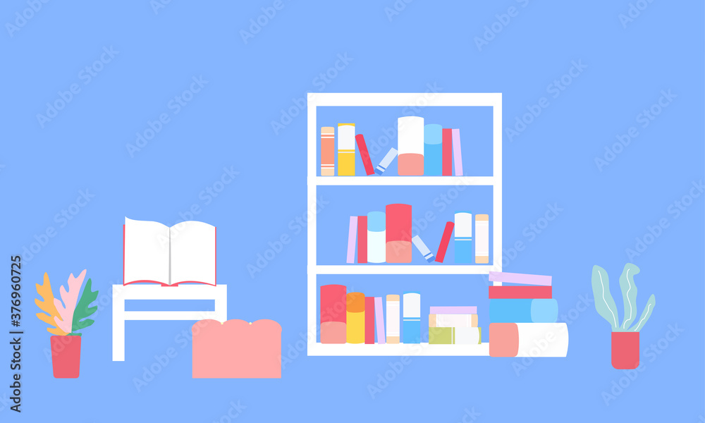 Table and bookcase on a blue background, vector graphics