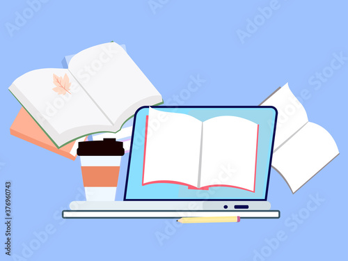 Laptop with open ebook and coffee on a blue background, rag graphic