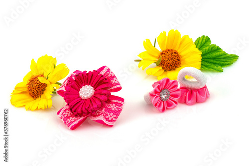 Barrette with pink ribbon and elastic, flowers and green leaf isolated on white background.