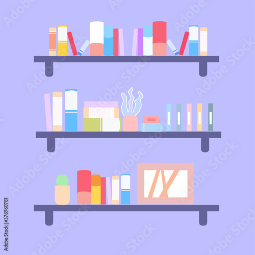 Three bookshelves with different books, vector graphics