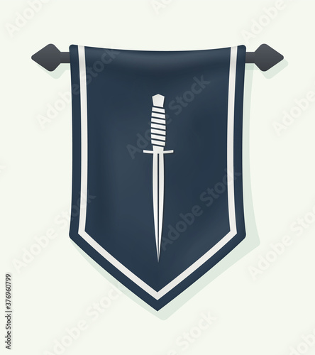 Cartoon Banner. Dagger Silhouette on Hanging Wall Pennant. Vertical Textile Flag. Knife Sign. Can Be Used as Logo for Medieval Games