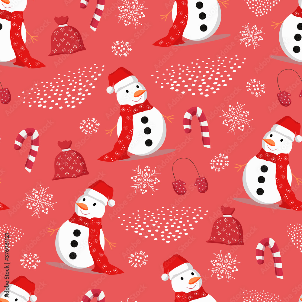 Christmas seamless background with snowman, snowflakes and gift bag on red background