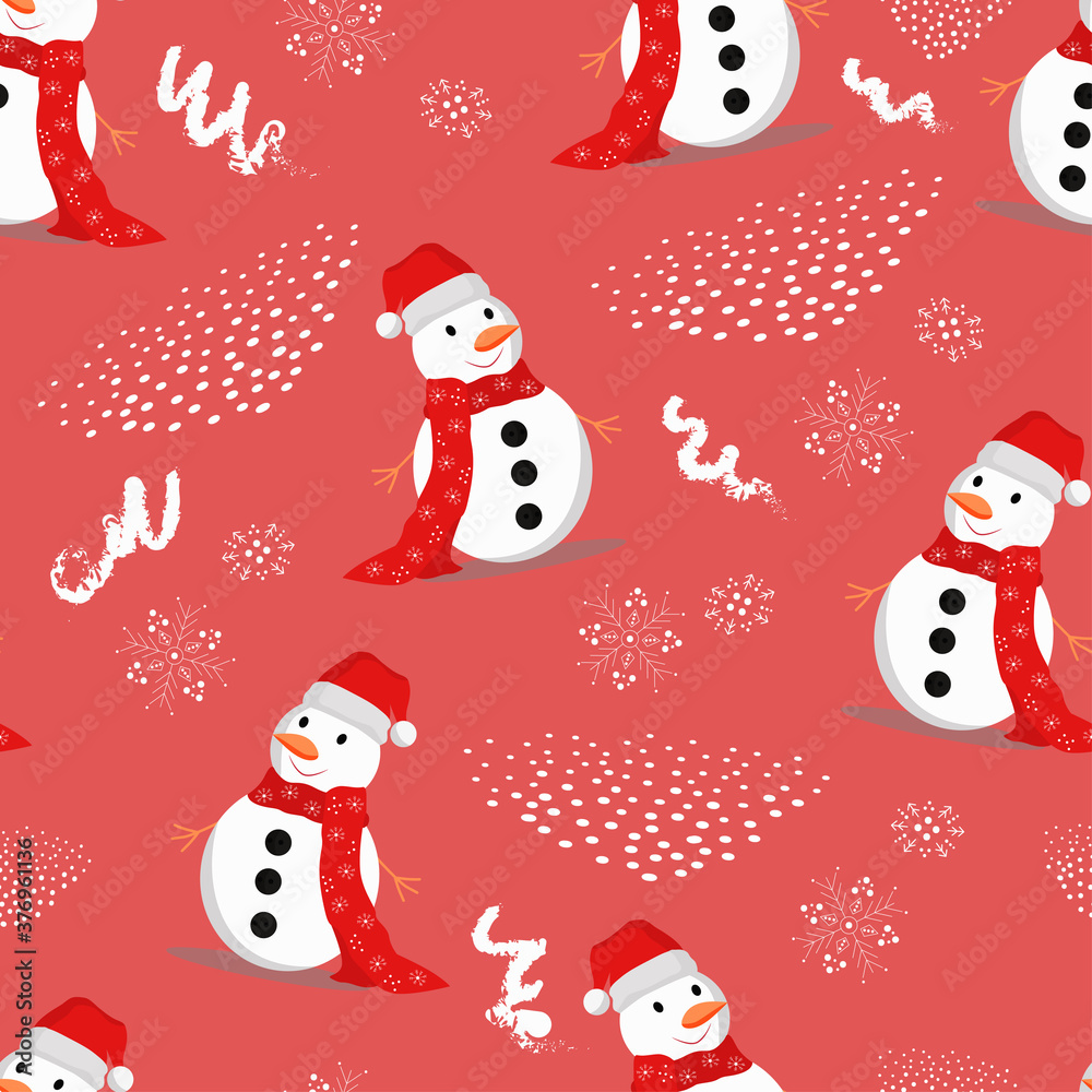 Christmas seamless background with snowman, snowflake on red background