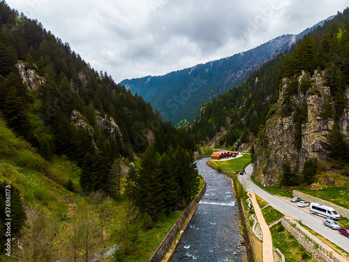 Aerial view of beautiful natural landscape Uzungol in city of Trabzon Turkey