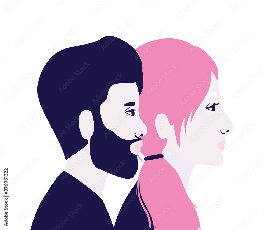 woman and man cartoon in side view in blue and pink colors vector design