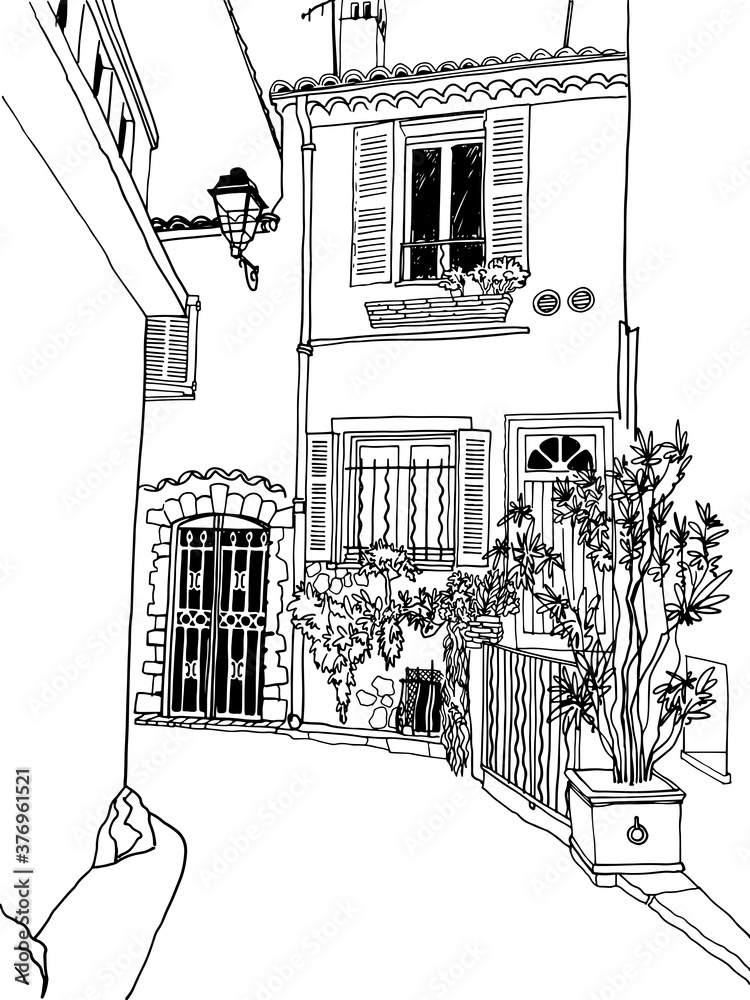 Fototapeta Old street of romantic Antibes, Provence, France. Nice European city. Urban landscape in hand drawn sketch style. Line art. Wall decor. Vector illustration.