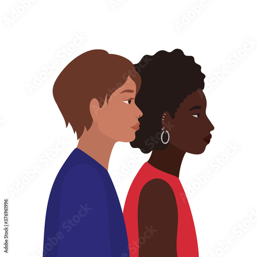 black woman and man cartoon in side view vector design