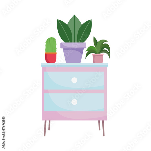 furniture table drawers and potted plants isolated design white background