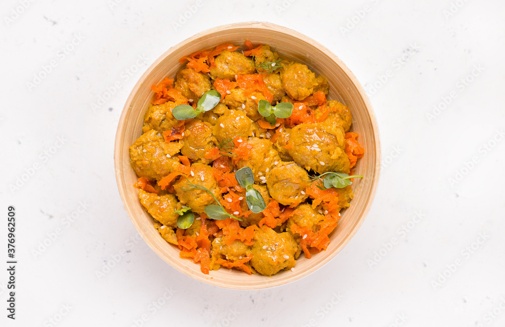 Ready dish of soy meat and vegetables on white background Ready dish of soy meat and vegetables on white background
