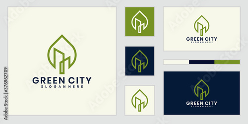 Green city logo design template building. minimalist outline symbol logo
