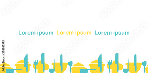 Cooking seamless border. Cutlery, Kitchen utensils. Blue and yellow. Vector illustration