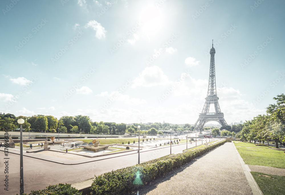 sunny morning and Eiffel Tower, Paris, France sunny morning and Eiffel Tower, Paris, France