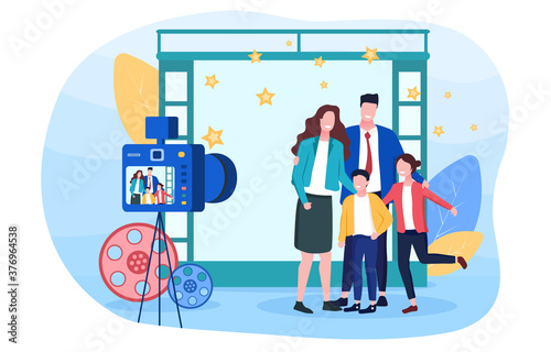 Family photography concept. Mom dad son and daughter are standing in front of the camera to take picture. Flat vector illustration