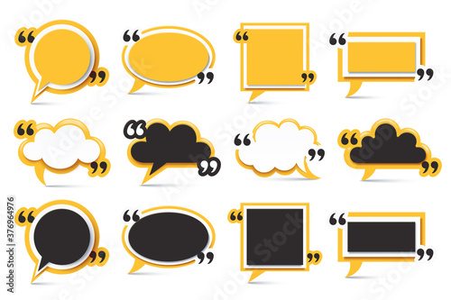 Yellow quote box frame. Square message tag, callout label frames and speech cloud bubble isolated vector illustration set